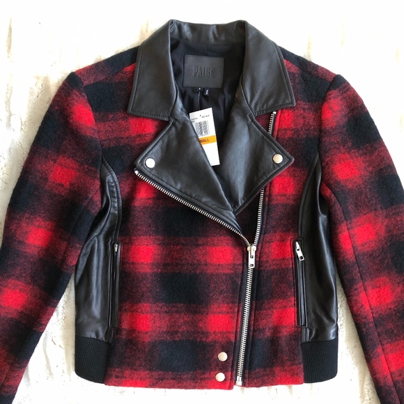 PAIGE Jackets & Blazers - PAIGE Plaid Moto Jacket with Genuine Leather